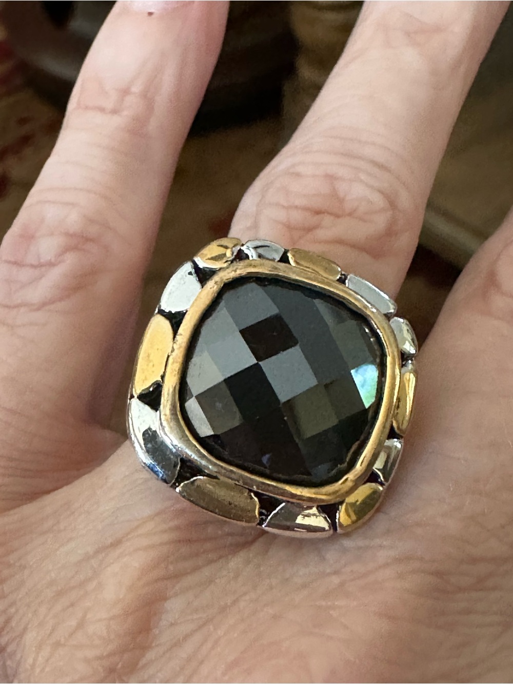 Two-Tone Silver & Gold Black Faceted Stone Cocktail Ring